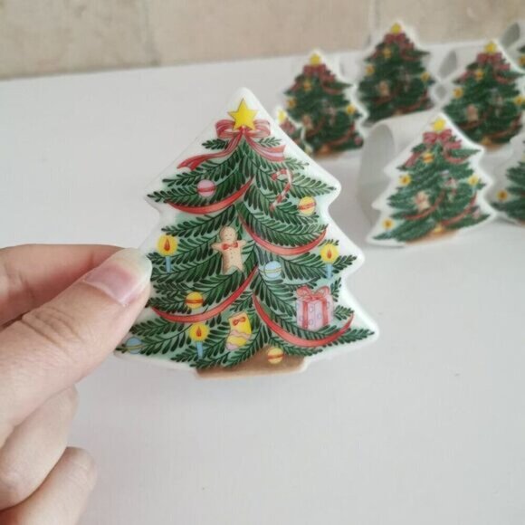 Vintage Christmas Tree Ceramic Napkin Rings & Candle Holder Set, Abbott Japan - Picture 4 of 10
